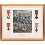 France: 2 framed displays of WWI awards: Legion of Honour 1870 type, (no rosette to ribbon); Croix