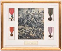 France: 2 framed displays of WWI awards: Legion of Honour 1870 type, (no rosette to ribbon); Croix