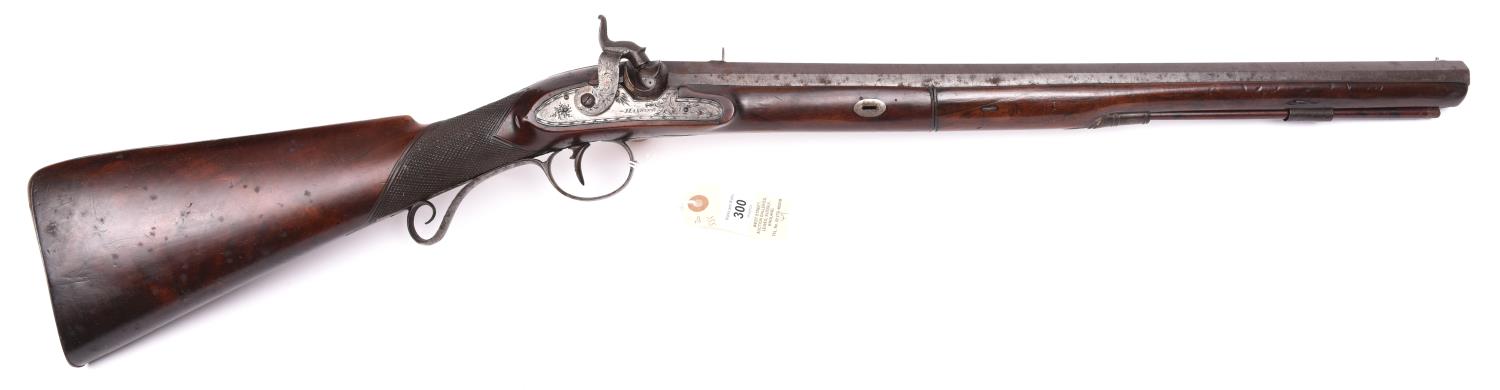 A 14 bore rifled percussion sporting carbine, by Harding, converted from flintlock, 36½” overall,
