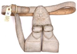 A padded light grey polished leather baldrick, or shoulder harness, for a sword, with stitched