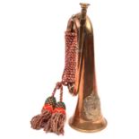 A brass mounted copper bugle, red, white and blue cord binding and tassels, applied WM A&S