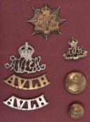 Assam Valley Light Horse: bi-metal cap badge, collar (one lug missing), puggaree badge with pin,