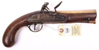 A late 18th century brass barrelled flintlock blunderbuss pistol, 12” overall, swamped barrel 6”