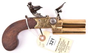 A 90 bore brass framed and brass double barrelled over and under tap action flintlock boxlock pocket