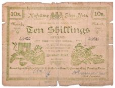 A Mafeking Ten Shilling Siege note, issued by Col Baden Powell, some wear. £30-40