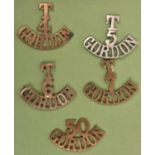 4 Gordon Highlanders (Territorial) shoulder titles: brass T/4/Gordon with backing plate, T/6/