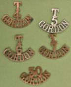 4 Gordon Highlanders (Territorial) shoulder titles: brass T/4/Gordon with backing plate, T/6/