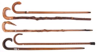 5 walking sticks: pale wood with crook handle terminating in composition lion's head with glass
