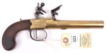 A 30 bore brass barrelled and brass framed flintlock boxlock travelling pistol, by Bond, Corn