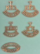 5 Scottish brass shoulder titles: T/RHA/Highland, T/RFA/Highland and T/RAMC/Scottish all with