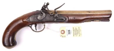 A late 18th century 22 bore brass barrelled flintlock holster pistol, 13½” overall, barrel 8”