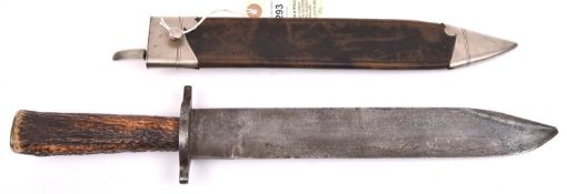 A late 19th century bowie knife, heavy blade 12”, marked “Lund, Cornhill, London” at forte, solid,