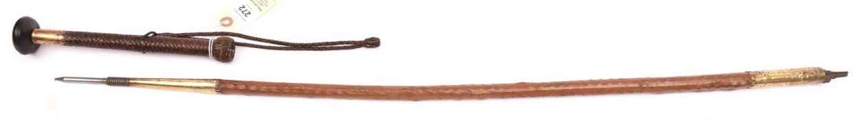 A traditional Basque walking cane Makhila with concealed spike, flattened dark wood disc pommel,