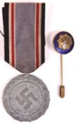 Third Reich grey metal Luftschutz Service medal, with ribbon; and RLB enamelled stick pin. GC