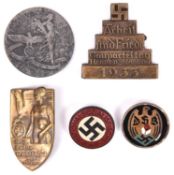 5 Third Reich pin-back badges: enamelled DSB with Aurich maker's mark; painted NSDAP party badge;