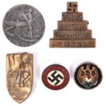 5 Third Reich pin-back badges: enamelled DSB with Aurich maker's mark; painted NSDAP party badge;