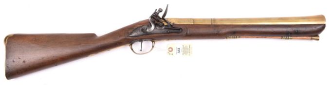 A late 17th century brass barrelled flintlock blunderbuss, by Bleiberg, re-stocked probably in the