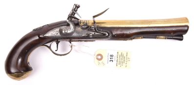 A late 18th century brass barrelled flintlock blunderbuss pistol, 13¾” overall, slightly swamped