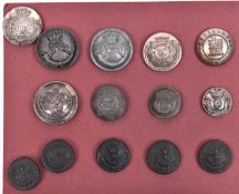 14 Irish Militia buttons, including officer's large silver plated rimless 109th County Dublin and