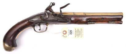 A mid 18th century 14 bore brass barrelled flintlock holster pistol, by Jo. Shiels, 15” overall, 3