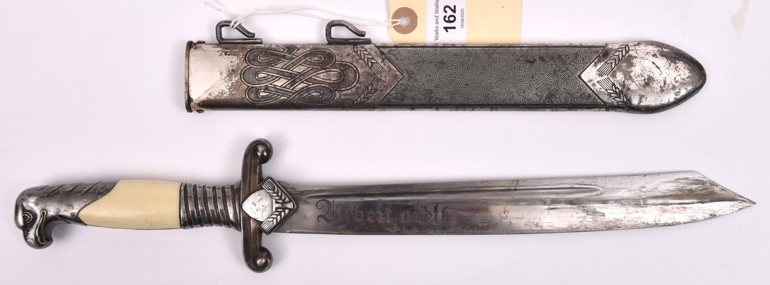 A Third Reich RAD Leader's dagger, by Alcoso, Solingen, with silver plated mounts and sheath. GC, (