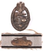 A Third Reich Panzer badge, flat back grey metal with maker's mark “HAD” (Hermann Aurich), as Beadle