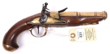 A late 18th century French brass cannon barrelled flintlock travelling pistol, 11” overall, 2