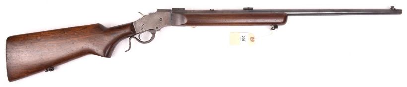 A .25” rim-fire Stevens underlever falling-block sporting rifle, round barrel 25” with no