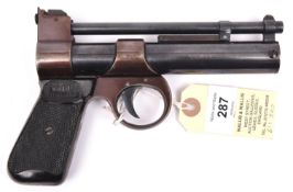 A post 1958 .177” Webley Junior air pistol, number 482, the frame stamped with capital “B” and