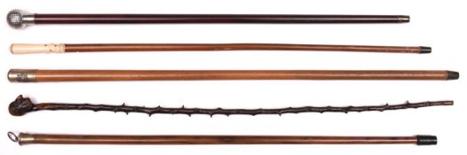 5 Walking Canes: malacca with bone top inset with ebony studs; dark wood with white metal golf