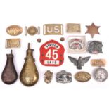 A quantity of U.S. Civil War and other re-enactment and souvenir belt buckles, pouch badges, 2