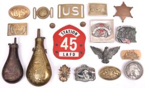 A quantity of U.S. Civil War and other re-enactment and souvenir belt buckles, pouch badges, 2