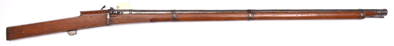 A 12 bore Indian matchlock rampart gun, 69” overall, barrel 50”, the breech with Jaipur arsenal