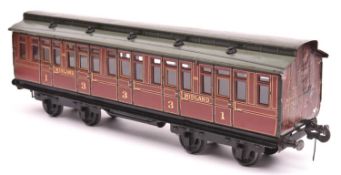 A Carette Gauge One Midland Railway passenger coach. A bogie clerestory vehicle with two first class