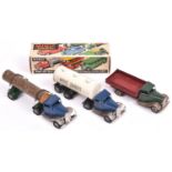 3x Tri-ang Minic clockwork commerical vehicles. A boxed Mechanical Horse and Log Lorry (74M), with