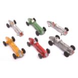 6 Dinky 35b Midget Racers. An example in yellow without driver. A green example and a red example,