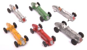 6 Dinky 35b Midget Racers. An example in yellow without driver. A green example and a red example,