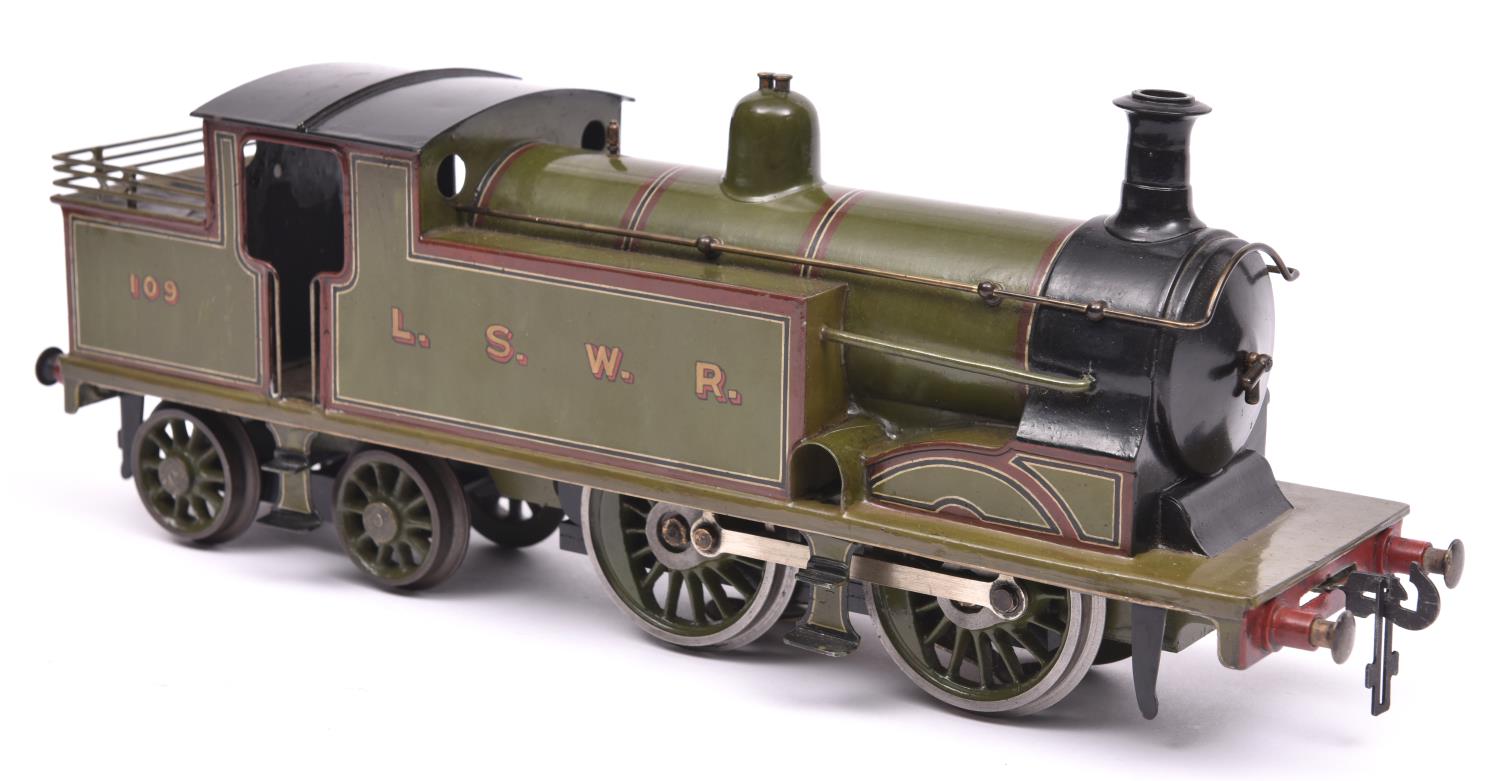 A Gauge One railway Bing LSWR Class M7 0-4-4T locomotive, 109. For 3-rail running and finished in