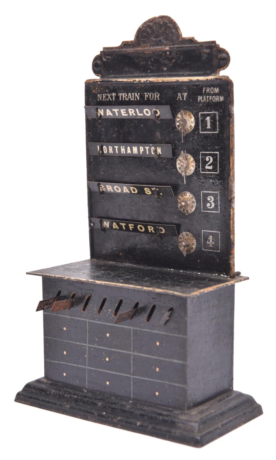 A Gauge One Bing tinplate Destination Board. Black painted cabinet with 4x hooked display slots with - Image 2 of 2