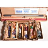 6x Pelham Puppets and a Pelham Puppet Theatre. Standard Example puppets in 1950s issue boxes