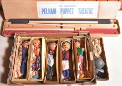 6x Pelham Puppets and a Pelham Puppet Theatre. Standard Example puppets in 1950s issue boxes