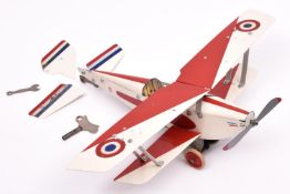 A French Mecavion clockwork constructor plane. In red and white with RAF roundals. GC-VGC, minor