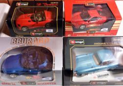 6 Bburago 1:18 scale cars. Jaguar E Type Coupe (1961) in metallic light blue. Ferrari 360 Modena (
