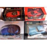 6 Bburago 1:18 scale cars. Jaguar E Type Coupe (1961) in metallic light blue. Ferrari 360 Modena (