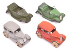 4 Dinky 35 Series Cars. 2x Saloon Car (35a); in grey and red, both with white rubber wheels. 2x