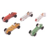 5 Dinky 35b Midget Racers. An example in red without driver. A green example and a yellow example,