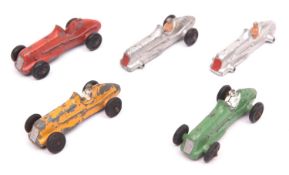 5 Dinky 35b Midget Racers. An example in red without driver. A green example and a yellow example,