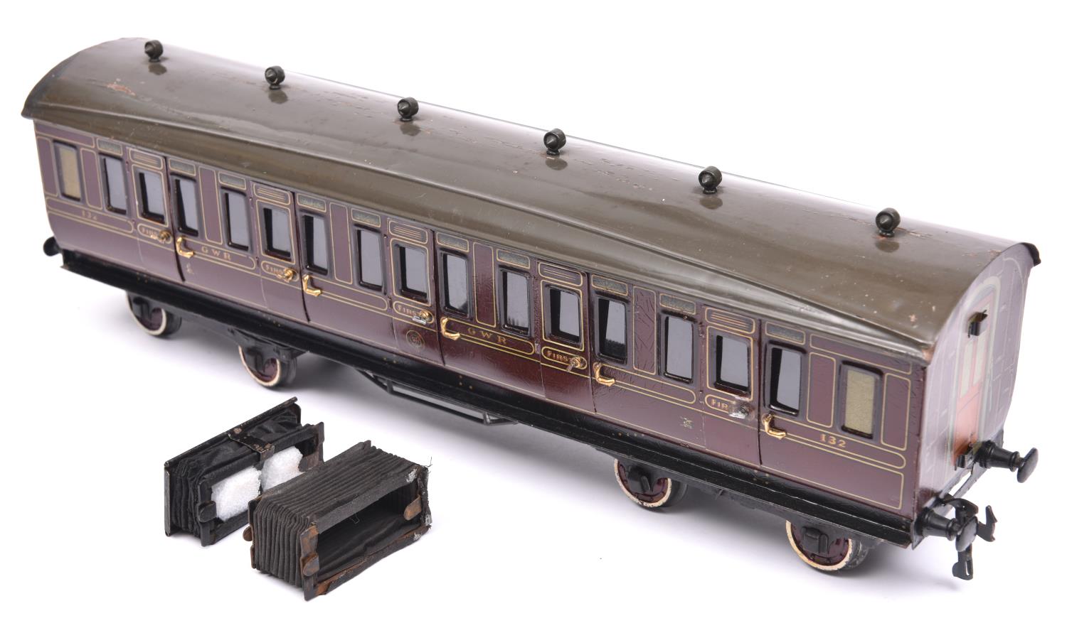 A Gauge One railway Bing 1921 GWR Full First corridor compartment coach with opening doors. 132,