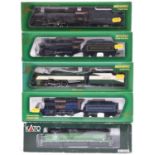 5x HO gauge railway locomotives in American outline by Mehano and Kato. A B&O 2-8-2 tender loco,
