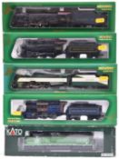 5x HO gauge railway locomotives in American outline by Mehano and Kato. A B&O 2-8-2 tender loco,